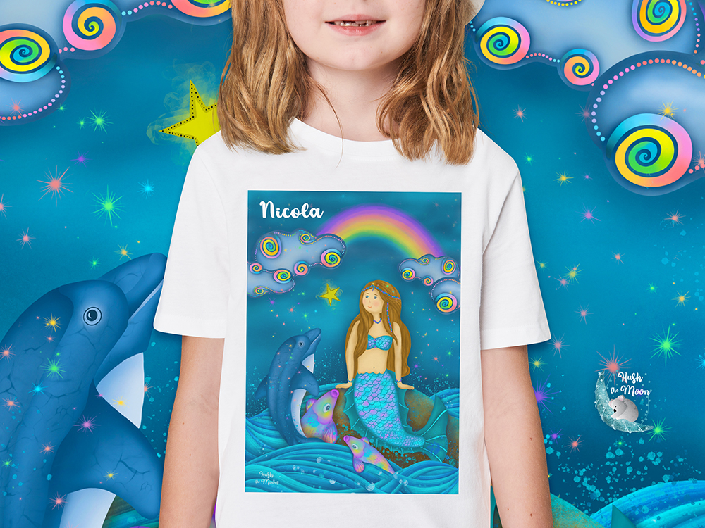 mermaid t-shirt for kids, personalised t-shirt for kids, personalised gifts for kids australia, hush the moon, lesley smitheringale