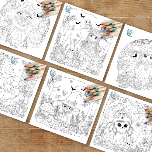 hand-drawn Halloween illustrations to colour for kids, halloween colouring book for kids, halloween printables for kids, halloween activities book for kids, halloween drawing book for kids, halloween activities for kids, hush the moon