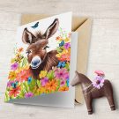 adult donkey in meadow of flowers single folded card with kraft envelope, hush the moon cards, donkeys cards, cards for farmers, cards for donkey lovers,