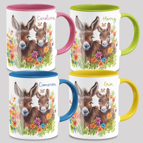 donkey mugs with coloured interior and handle, hush the moon, personalised mugs for kids, gift shop australia, lesley smitheringale