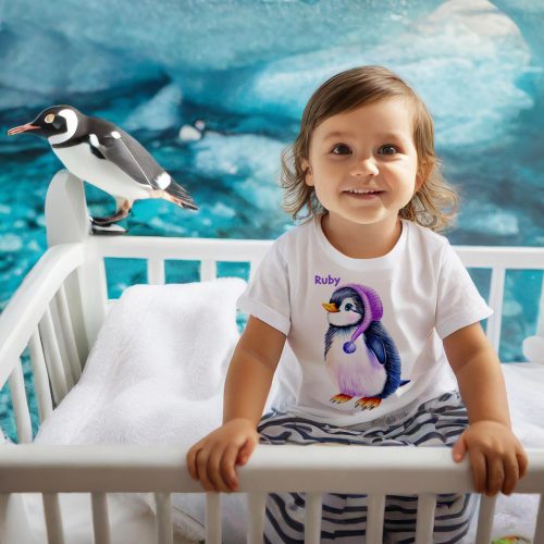 penguin t-shirt for toddlers, t-shirts for kids, t-shirts for babies, personalised t-shirts for babies, penguin art for kids, penguin t-shirt for kids, gifts for kids, clothes for kids, personalised clothes for kids, hush the moon, lesley smitheringale