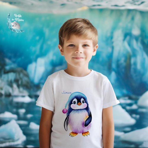 penguin t-shirt for toddlers, t-shirts for kids, t-shirts for babies, personalised t-shirts for babies, penguin art for kids, penguin t-shirt for kids, gifts for kids, clothes for kids, personalised clothes for kids, hush the moon, lesley smitheringale