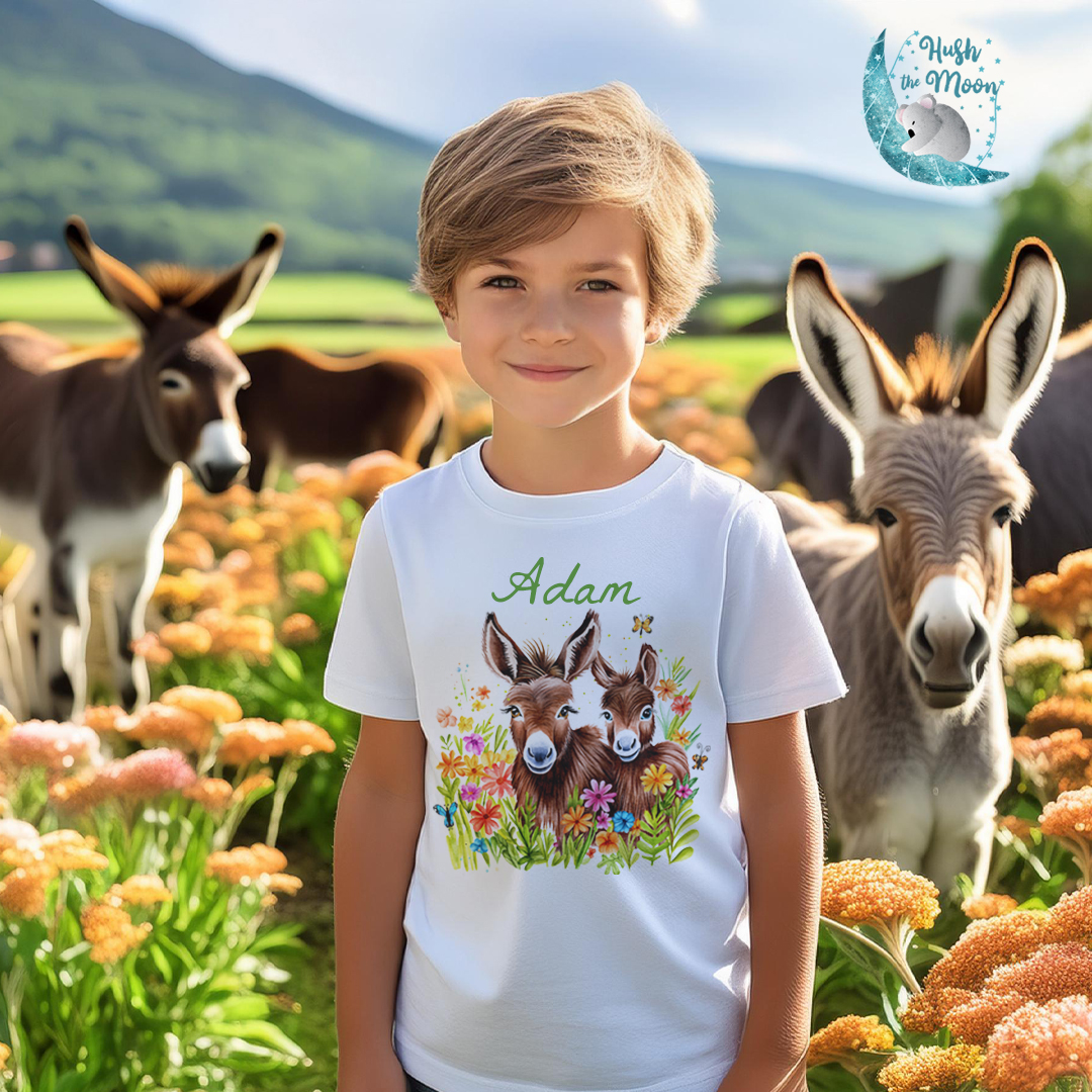 Boy wearing Donkeys in Meadow of Flowers onto premium white t-shirt Insta