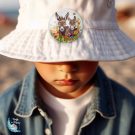 Child wearing White Bucket Hat with Large Donkeys in Meadow of Flower Badge