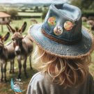 Child wearing denim hat in field of donkeys with three small badges set