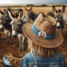 Child wearing denim jacket and hat with large donkey badge in field of donkeys