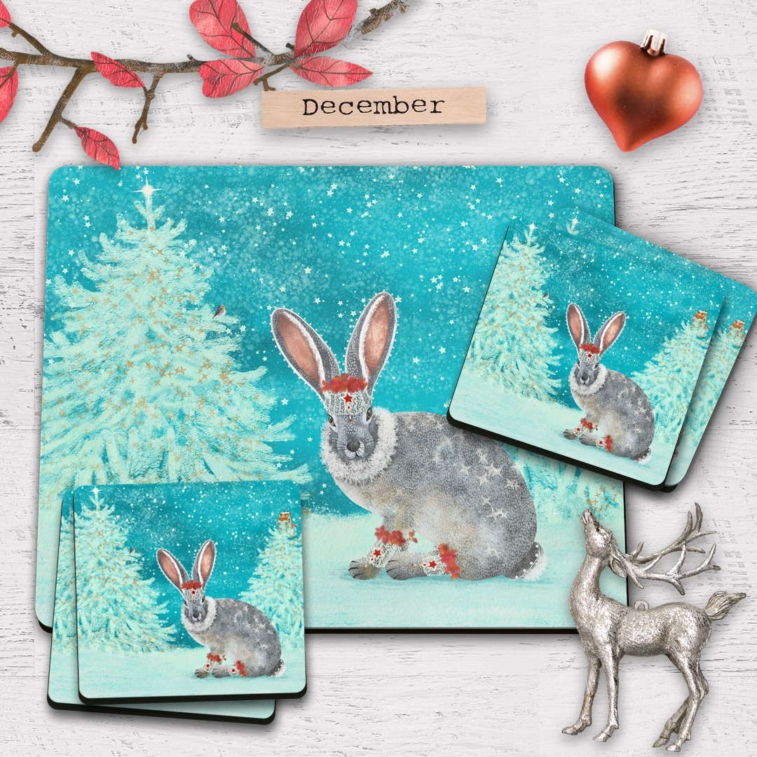 Christmas Hare Single Place Mat and Coaster in Xmas Setting