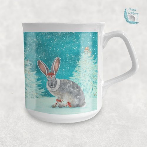 Christmas hare mug, Christmas bunny mug winter hare snow globe, personalised mug for kids, Christmas mugs, personalised mugs, gifts for kids, Christmas gifts for kids, hush the moon. mugs for kids, personalised gifts for kids