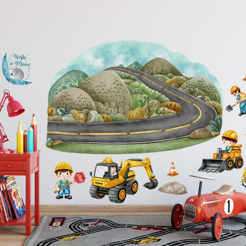 construction vehicles wall decal set for boys on wall, boys wall decor, well stickers for boys, trucks wall stickers for boys, hush the moon