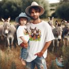 Dad and Child wearing Donkeys on white t-shirts in field of donkeys