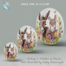 Donkeys in Meadow of Flowers 3 sizes Badge Sideish View