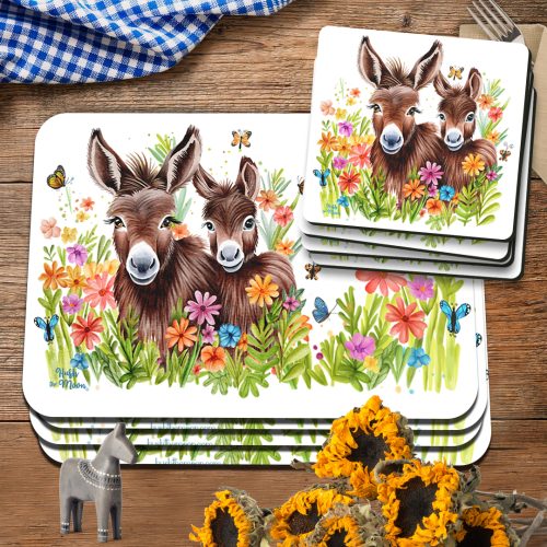 place mats, coasters, matching place mats and coasters, donkey coasters, donkey place mats, hush the moon, coasters for kids, place mats for kids