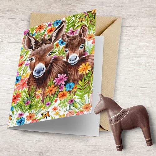 donkeys in meadow of flowers single folded card with kraft envelope, hush the moon cards, donkeys cards, cards for farmers, cards for donkey lovers,