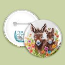 Donkeys in Meadow of Flowers Front and Plastic Back Pin Button 1080