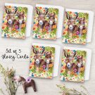 Donkeys in Meadow of Flowers Set 5 Glossy Cards with White Envelope