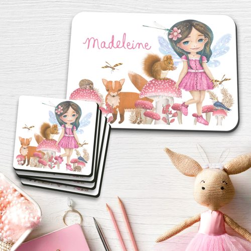 set of 4 fairy coasters and placemats for kids, fairy coasters, fairy placemats, personalised coasters for kids, personalised gifts for kids, woodland animals gifts for kids, hush the moon. gifts for kids