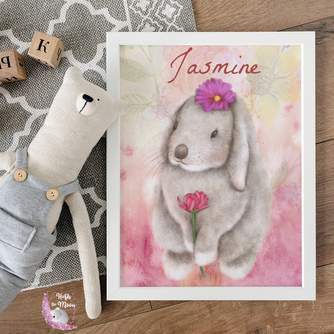 bunny wall art for nursery, personalised wall art for kids, wall art for kids, floppy eared bunny wall art for kids, hush the moon