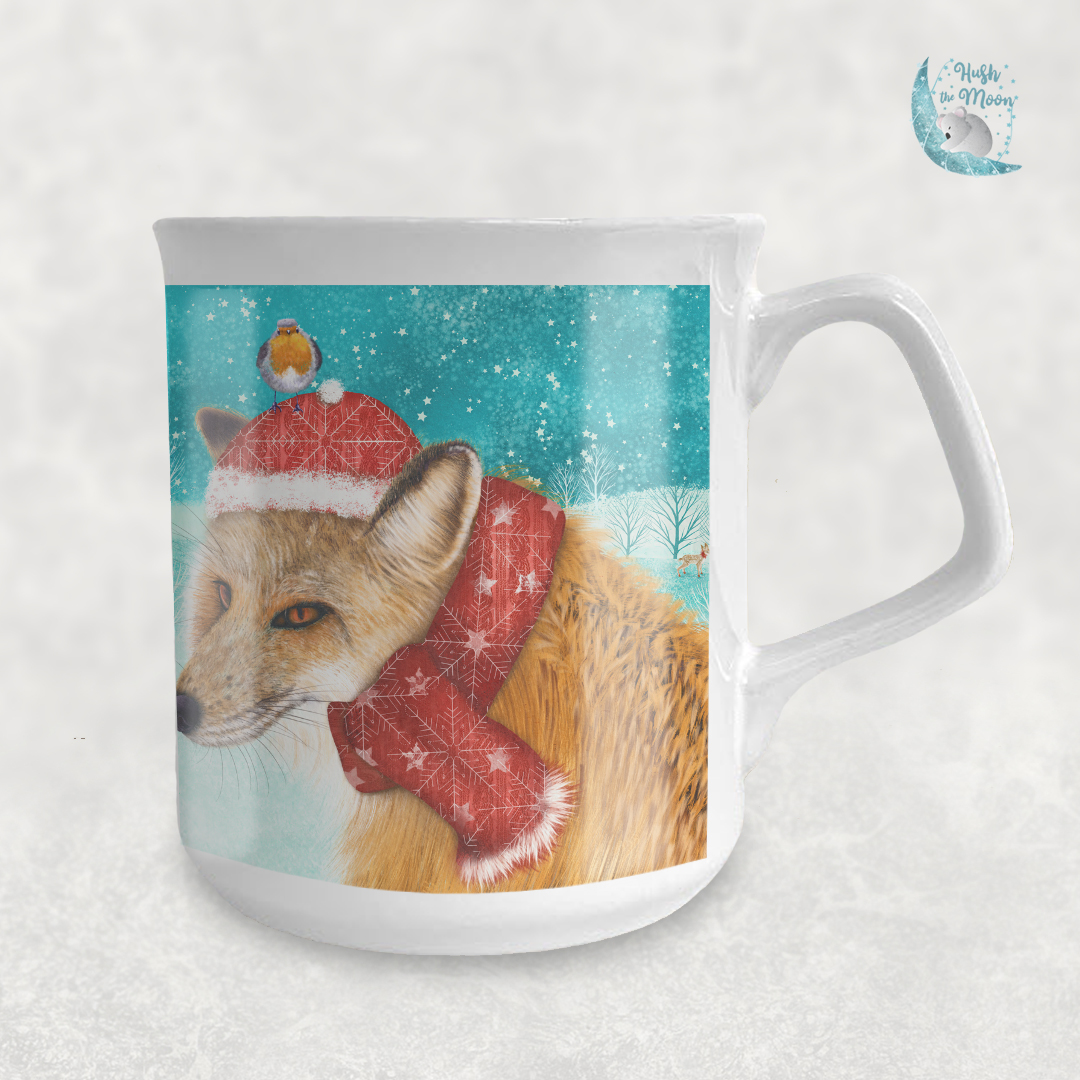 cute christmas fox mug, Christmas fox mug, winter fox and robins mug, personalised mug for kids, Christmas mugs, personalised mugs, gifts for kids, Christmas gifts for kids, hush the moon. mugs for kids, personalised gifts for kids