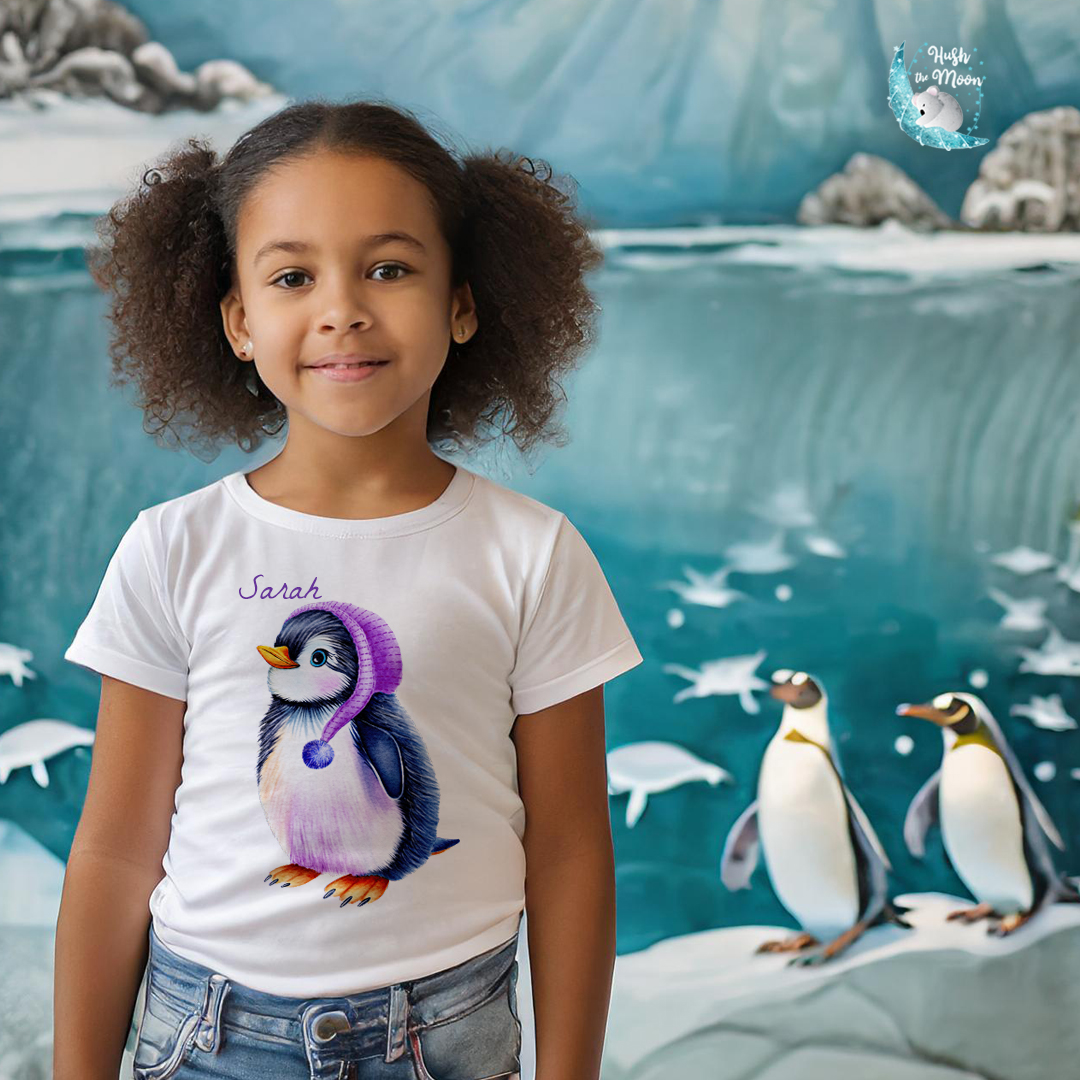 penguin t-shirt for toddlers, t-shirts for kids, t-shirts for babies, personalised t-shirts for babies, penguin art for kids, penguin t-shirt for kids, gifts for kids, clothes for kids, personalised clothes for kids, hush the moon, lesley smitheringale