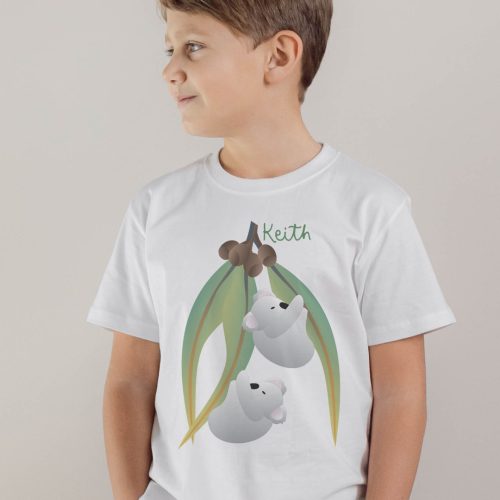 koalas on gum leaves premium t-shirt for kids, personalised t-shirt for kids, personalised gifts for kids, personalised gifts for tweens, hush the moon