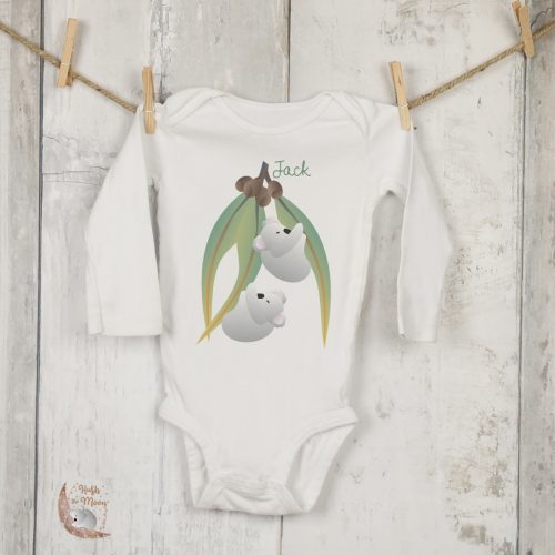 koalas on gum leaves short sleeved baby body suit, koalas baby body suit, personalised body suit for baby, personalised baby gifts, new baby gifts, baby shower gifts, personalised baby gifts, hush the moon