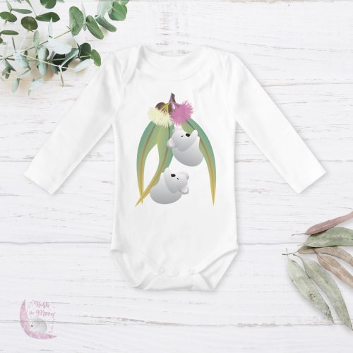 koalas and gum blossom short sleeved baby body suit, koalas baby body suit, personalised body suit for baby, personalised baby gifts, new baby gifts, baby shower gifts, personalised baby gifts, hush the moon