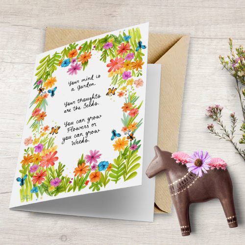 meadow of flowers card, floral card, watercolour floral card, colourful flowers greeting card, hush the moon, verse with flowers card, inspirational poem cards, hush the moon, single folded cards