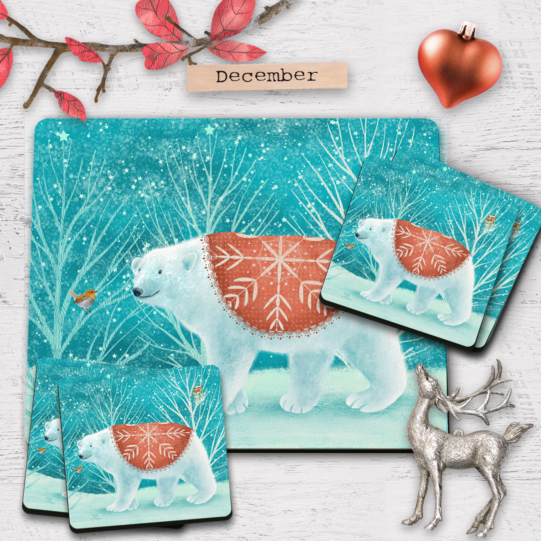 polar bear coasters, Christmas coasters, polar bear placemats, Christmas placemats, placemats and coasters for kids, Christmas gifts for kids, Christmas coasters for kids, Christmas placemats for kids, hush the moon