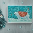 Polar Bear and Robin in White Frame with Christmas Tree and Stars