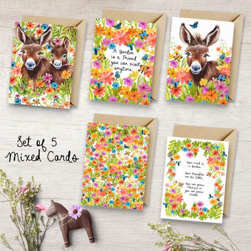 set of 5 donkeys in meadow of flowers folded cards, watercolour floral card, colourful flowers greeting card, hush the moon, verse with flowers card, inspirational quote cards, hush the moon, single folded cards