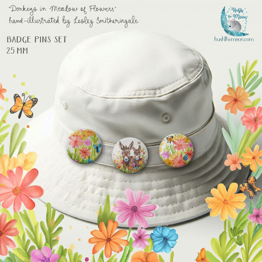 Three Small Badge Pins Set on White Bucket Hat