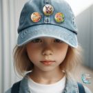 denim hat on young girl wearing 3 small donkey badges